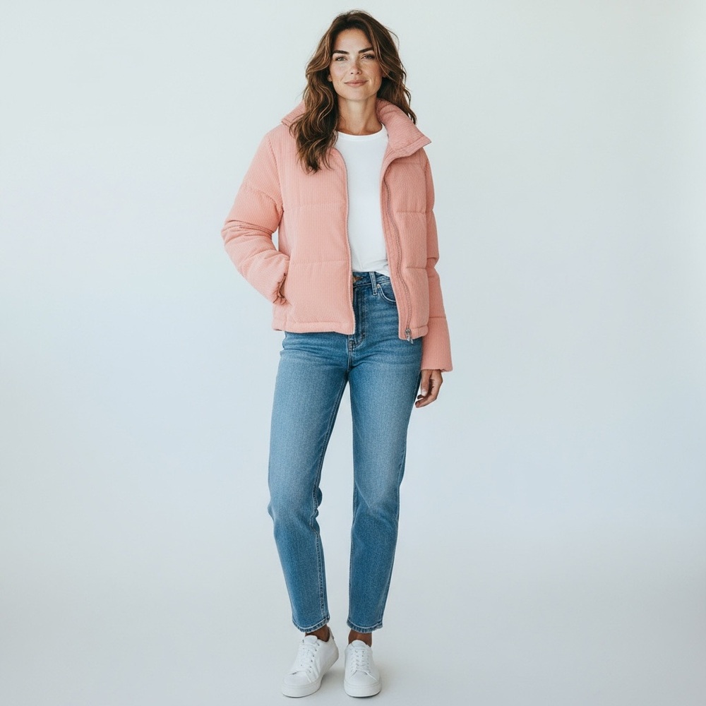 NWT Collection B‎ Juniors Cropped Corduroy Puffer Coat in Peach Soft - Picture 2 of 8